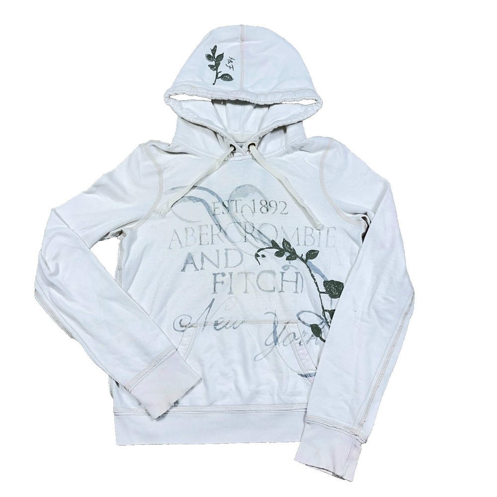 Vintage Y2K Abercrombie & Fitch Hoodie Women Medium White Sweatshirt Grunge